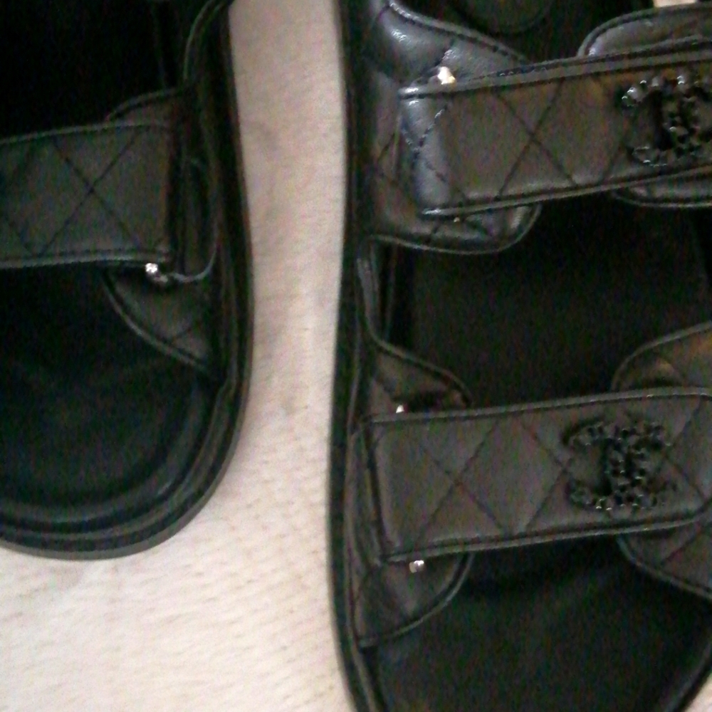 Chanel New Black with Black CC Logo Strappy Leather Slides Flat Dad Sand…